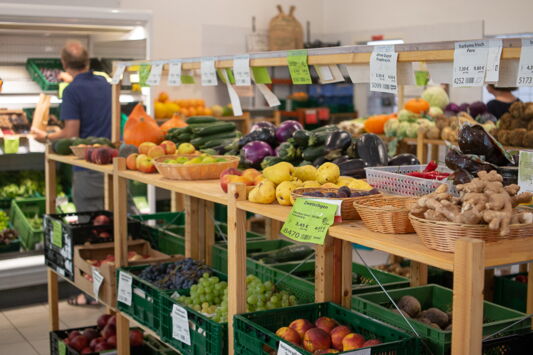 verschiedenes Bio-Gemüse und -Obst liegt auf einem Regal im Biomarkt