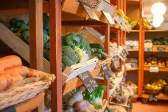 Obst und Gemüseabteilung im Bioladen in der Bienertmühle