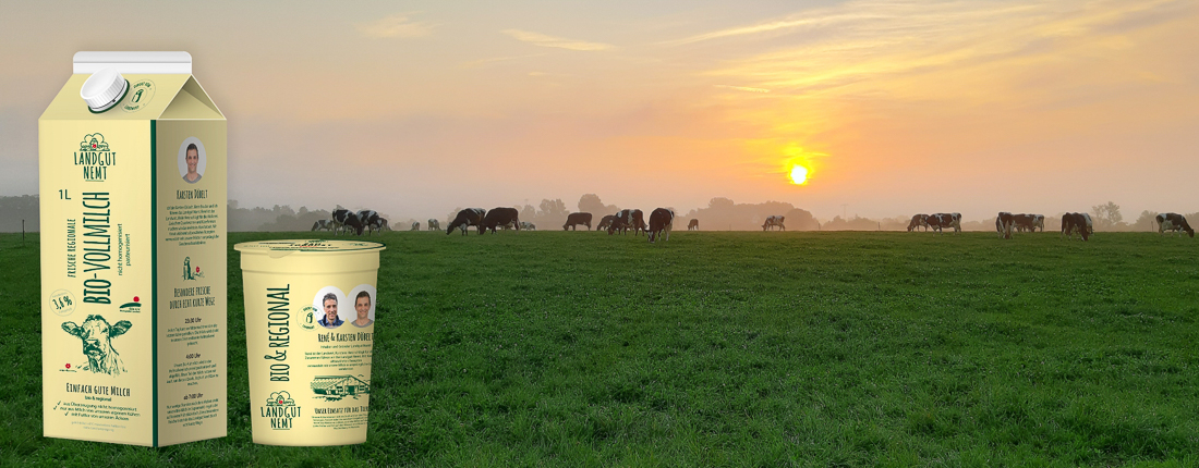 Kühe auf der Weide und Bio-Produkte des Landgut Nemt